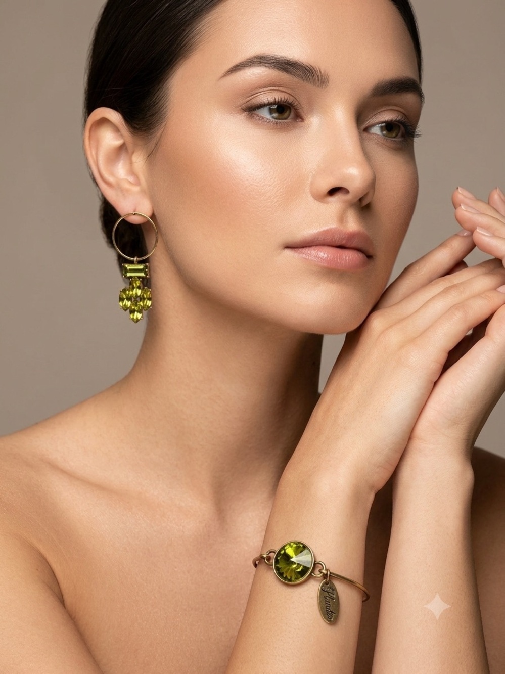 Gold-Tone Hoop Earrings with Lime Green Crystal Drops and Lime Green Bracelet